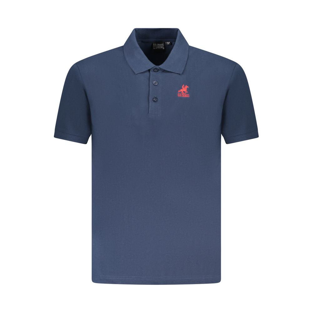 U.S. Grand Polo blue cotton men's polo shirt with short sleeves and red logo embroidery, featuring a classic collar and three-button placket.