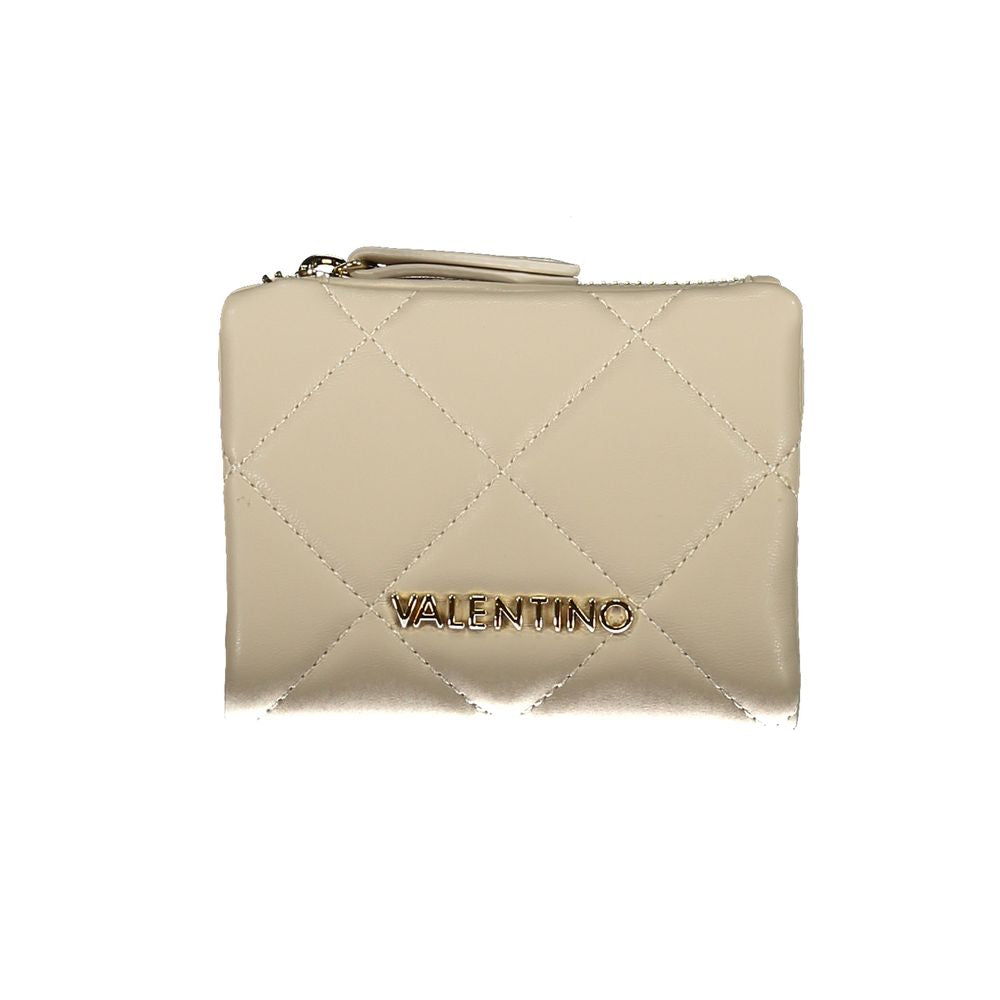 Valentino beige wallet for women, featuring quilt design, secure zip, and logo detail. Stylish functional accessory.