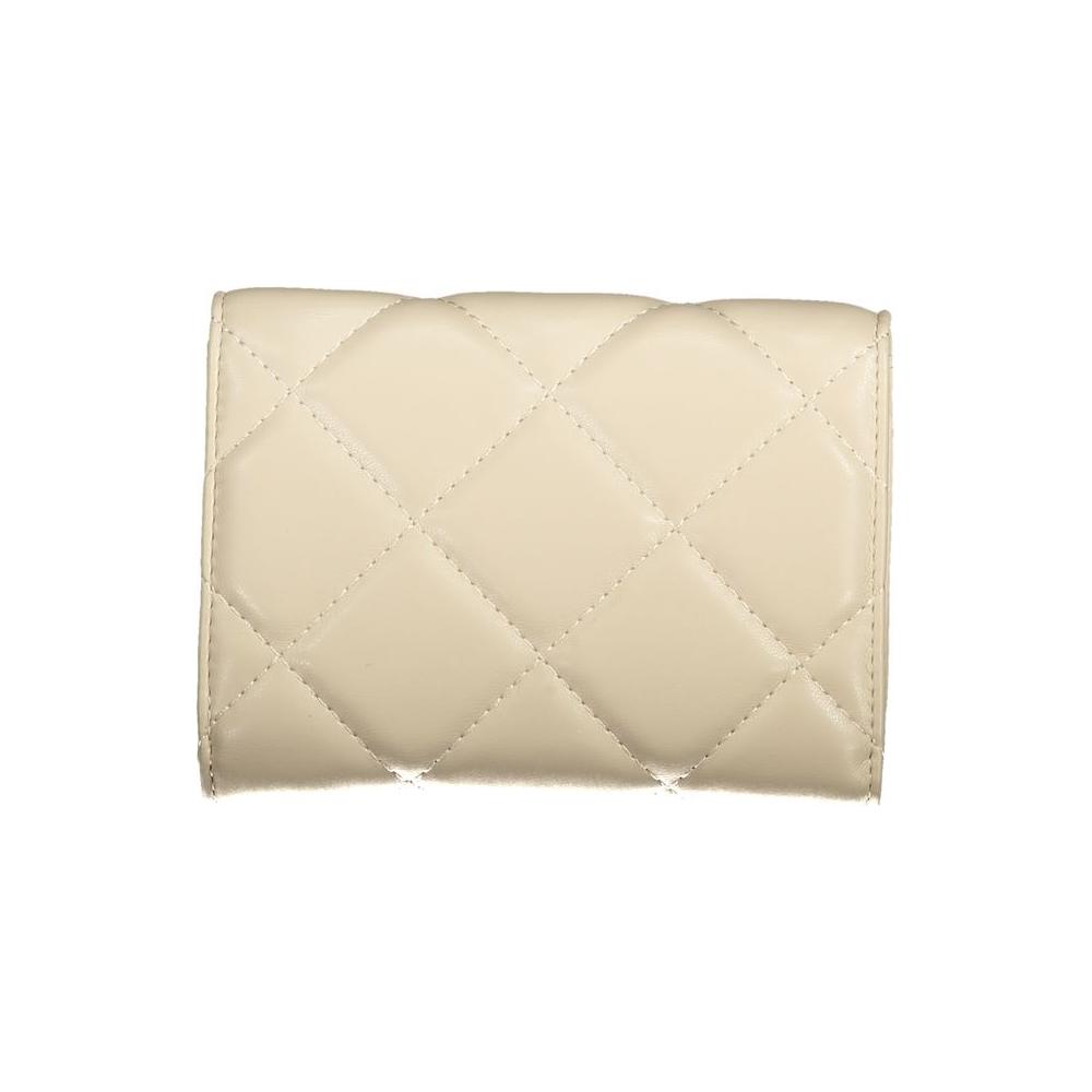 Valentino Bags beige polyethylene wallet with quilted design, 3 compartments, coin purse, card spaces, zip closure, and logo detail.