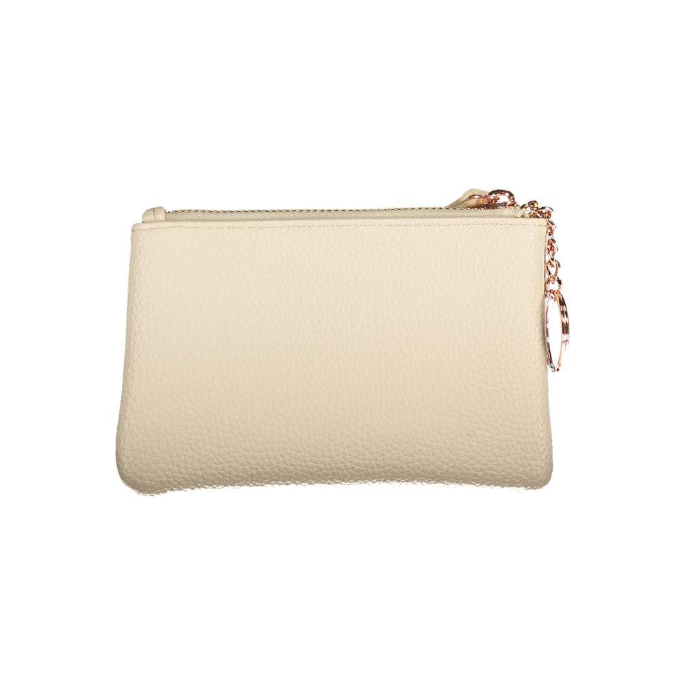 Beige Valentino wallet with zip closure, internal card spaces, and chain with key ring. Made from recycled polyethylene.