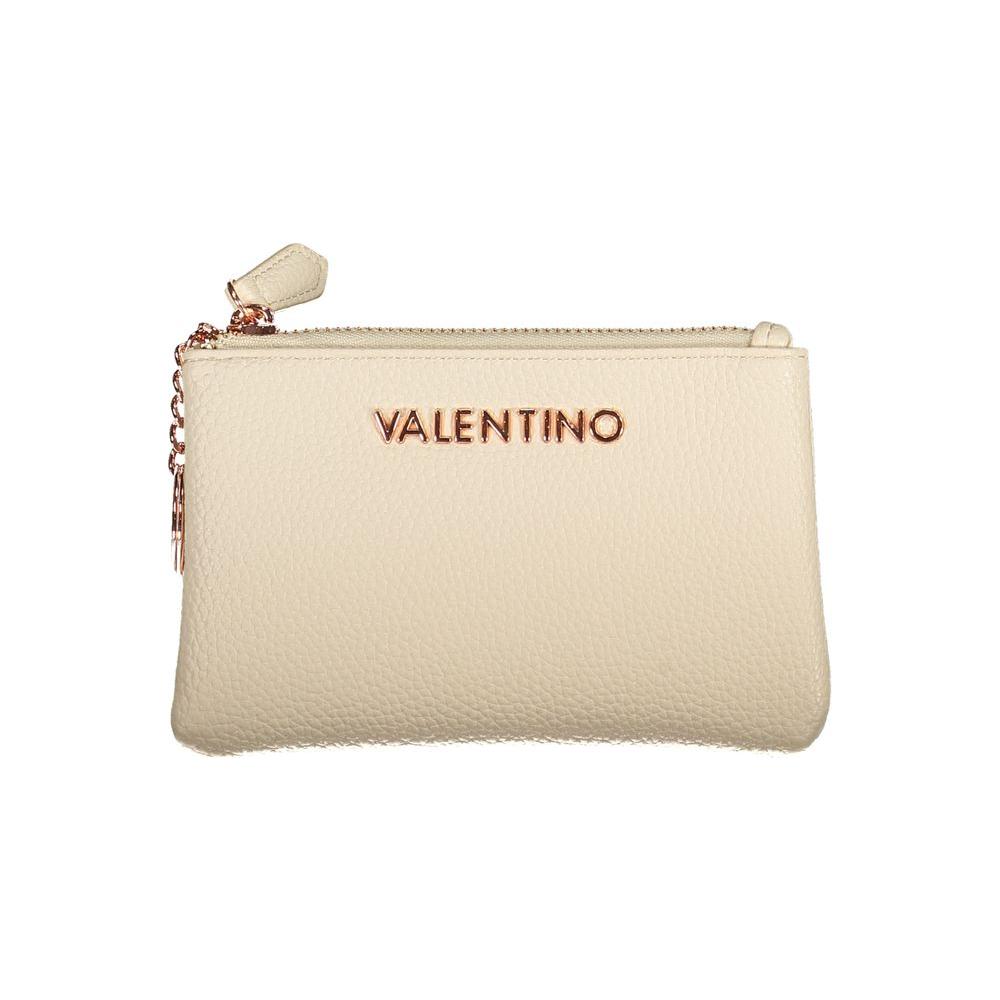 Valentino Bags beige polyethylene wallet with zip closure, card spaces, key ring, logo design, and eco-friendly materials.