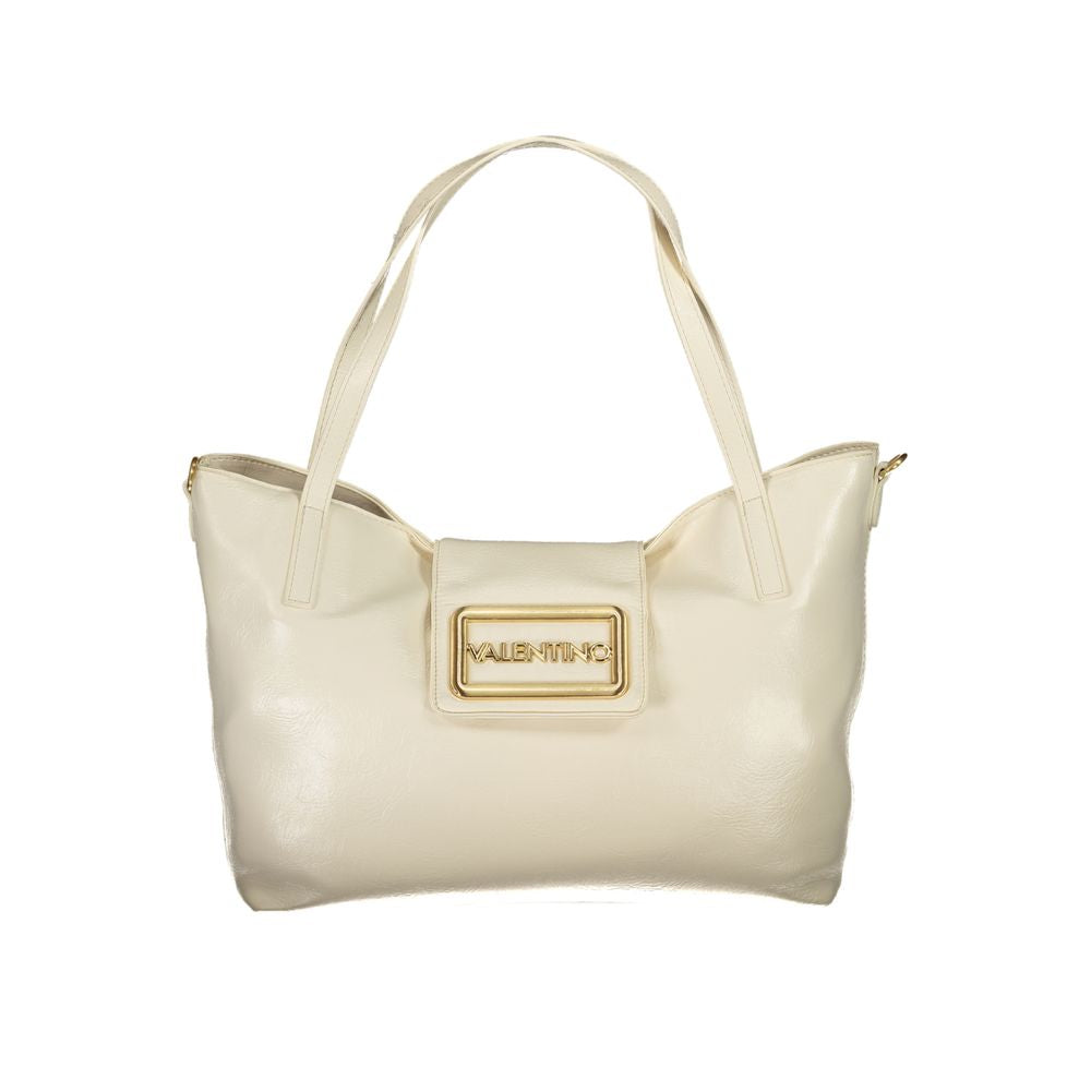 Valentino Bags beige polyethylene women's handbag with versatile straps and snap closure, showcasing elegance and functionality.