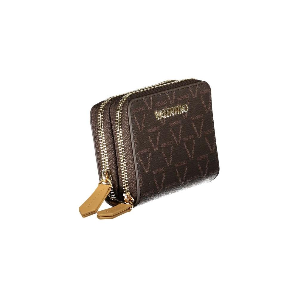 Valentino Bags brown polyethylene women's wallet with double zippers and logo, featuring spacious compartments and a chic design.