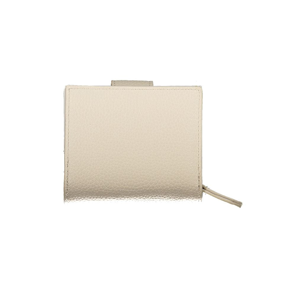 Cream wallet with textured finish and zip closure, stylish accessory for women.