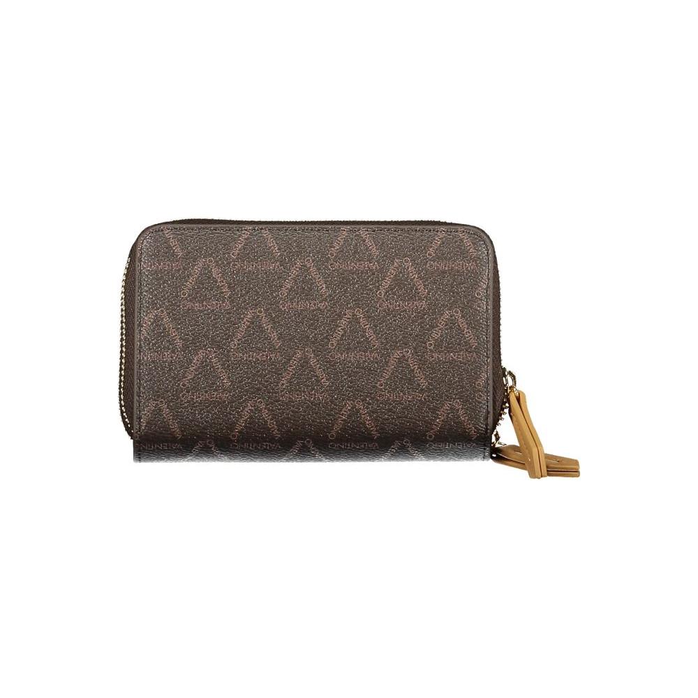 Valentino Bags brown polyethylene women's wallet with zip closure and logo pattern.