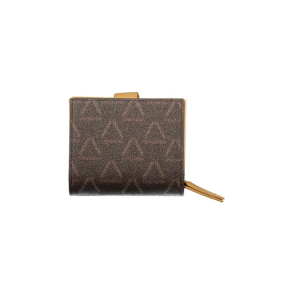 Valentino Bags brown polyethylene women's wallet with embossed logo, coin purse, and card slots, featuring secure zip and automatic closure.