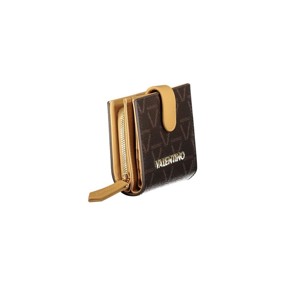 Valentino Bags brown polyethylene women's wallet with embossed logo, zip closure, and card slots, elegant and functional design.
