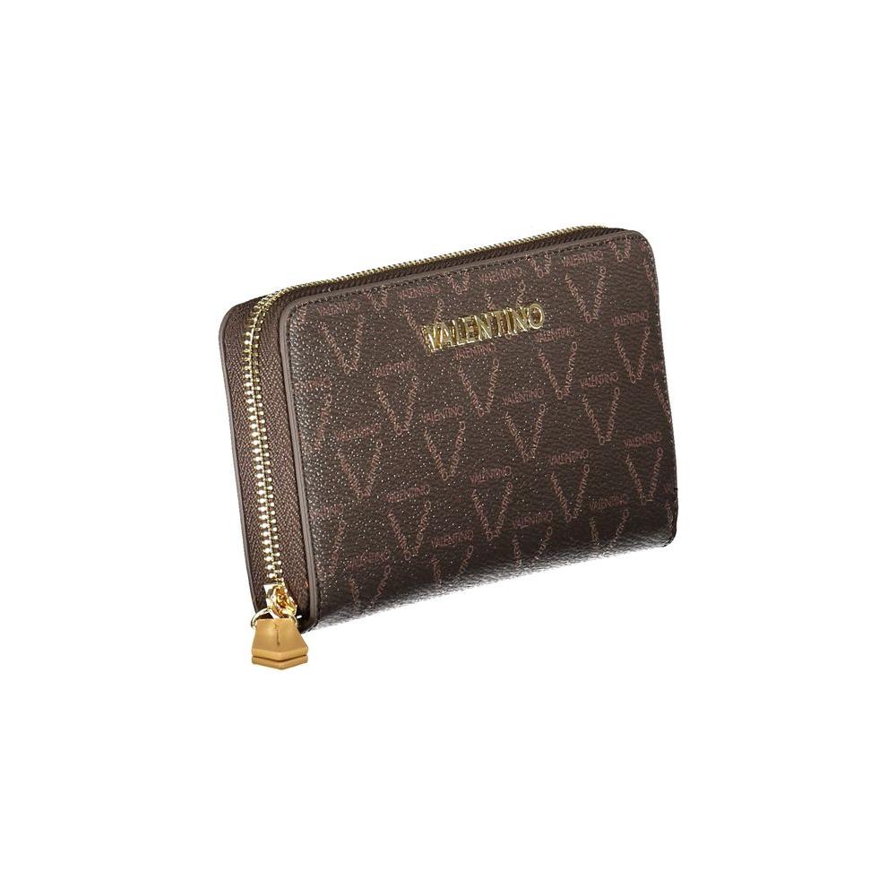 Valentino Bags brown polyethylene women's wallet with gold zipper, featuring chic logo pattern, stylish and spacious for daily essentials.