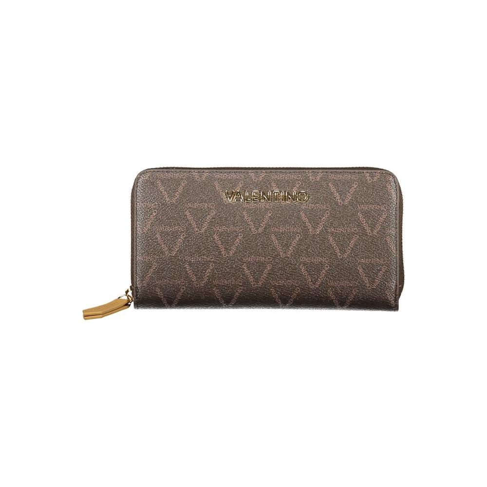 Valentino Bags brown polyethylene women's wallet with zip closure and gold logo detailing, showcasing chic sophistication and style.
