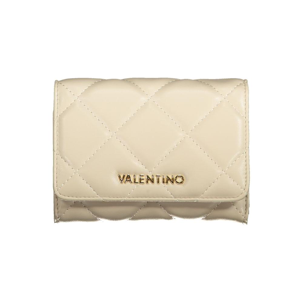 Valentino Bags beige polyethylene wallet with 3 compartments, coin purse, card spaces, automatic closure, logo, and recycled materials.