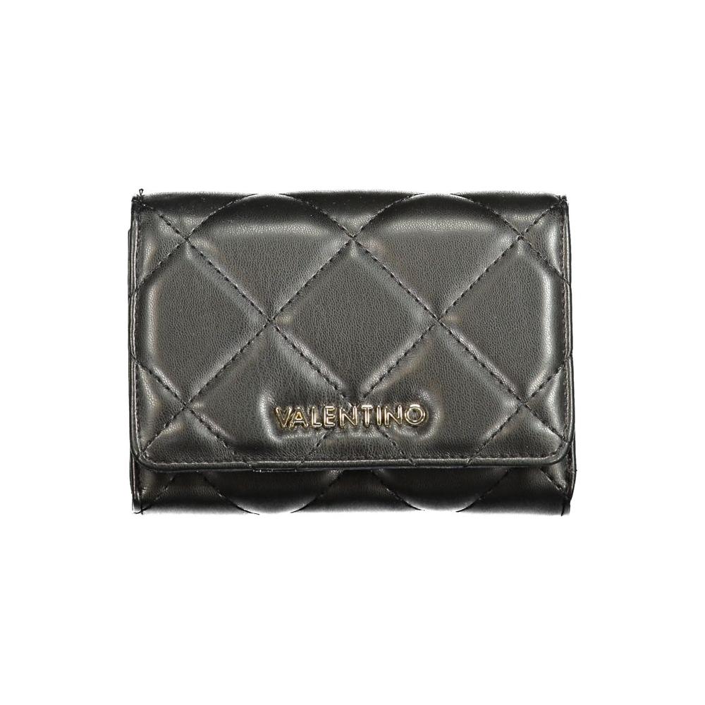 Valentino black polyethylene wallet with quilted design, three compartments, coin purse, card spaces, zip closure, and logo embossing.