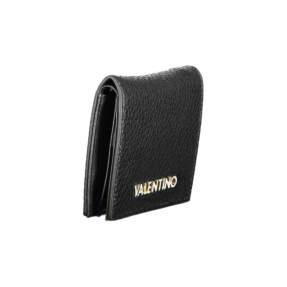 Valentino black polyethylene wallet with coin purse, card spaces, automatic closure, and logo, made from recycled materials.