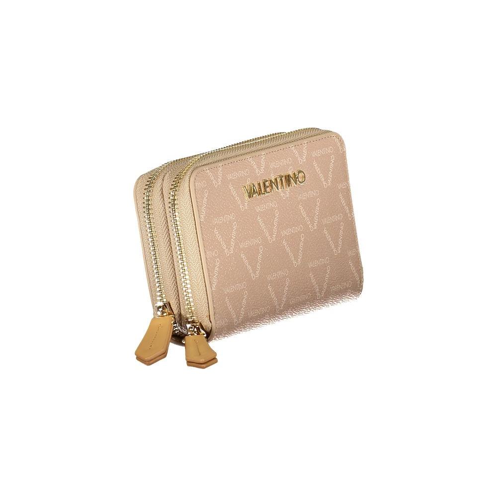 Beige Valentino Bags Women Wallet with logo, dual zippers, and stylish design, featuring multiple compartments for organized storage.