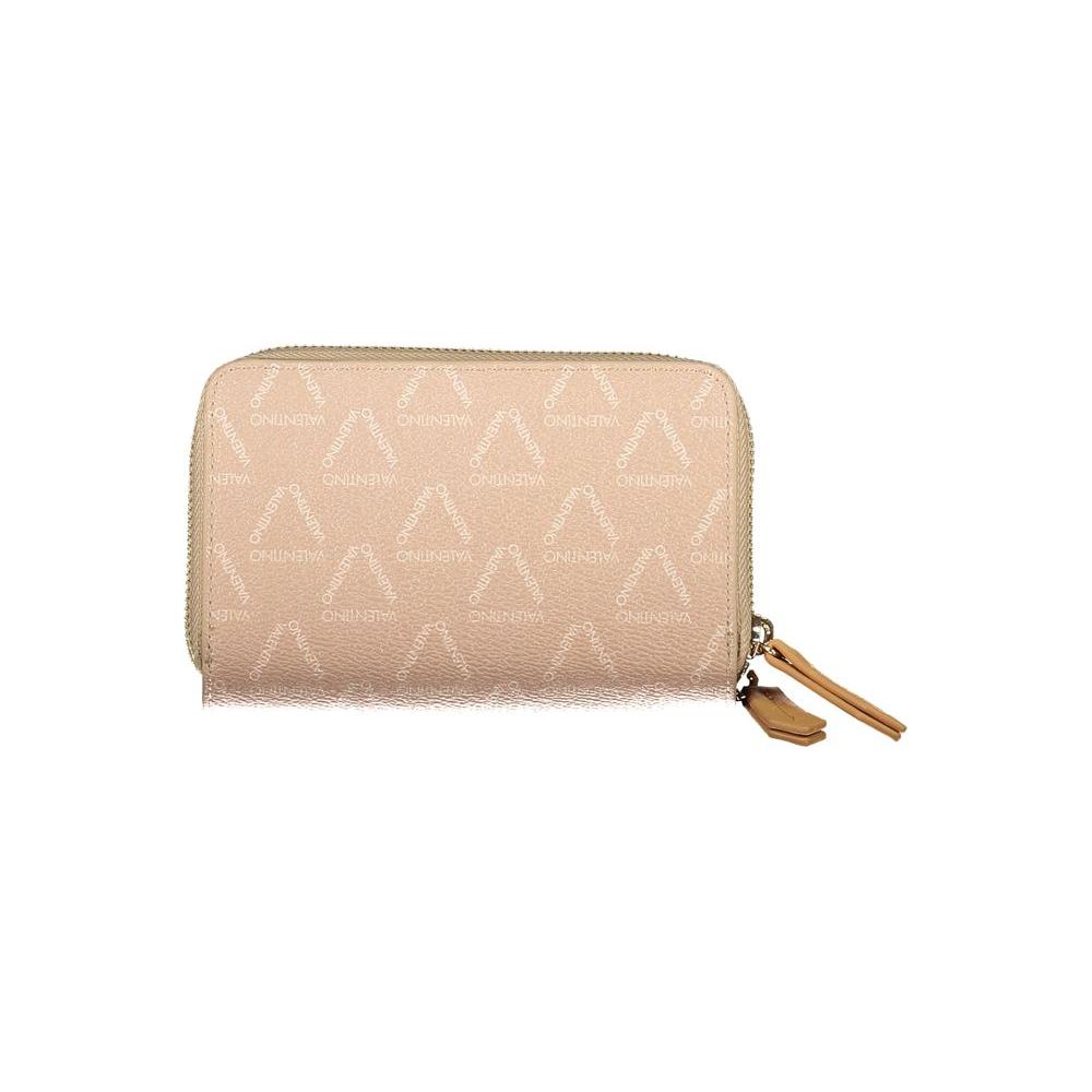 Beige Valentino Bags women's wallet with zip closure and logo design, featuring multiple compartments and a coin purse for organization.