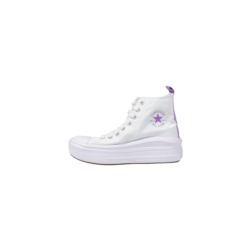 Converse women's white fabric sneaker, side view with purple accents, 100% fabric, part of women's sneaker collection.