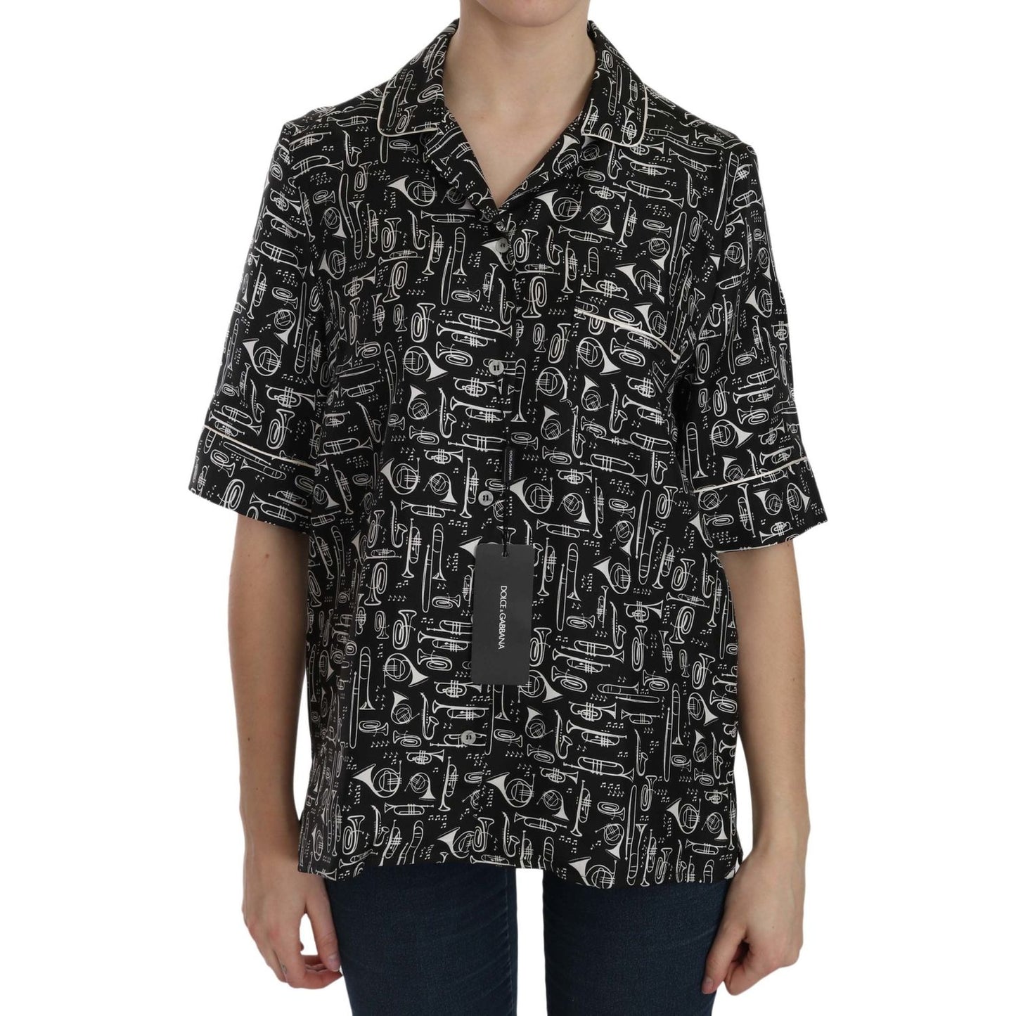 Dolce & Gabbana Black Musical Instrument Print Silk Top