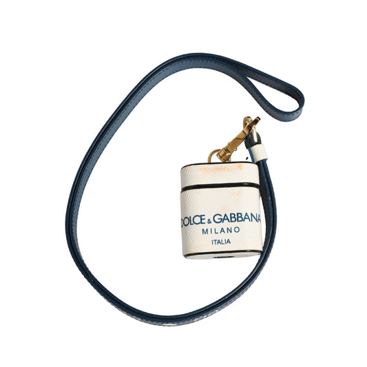 Dolce & Gabbana White Calf Leather Logo Flip Holder Strap Airpods Case