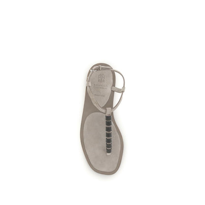 Brunello Cucinelli Beige Calf Leather Bos Taurus Flat Sandals