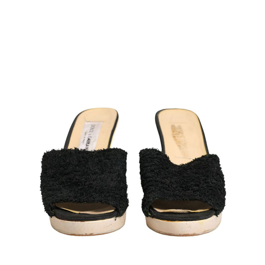 Dolce & Gabbana Black Fabric Fur Mule Wood Platform Heel Shoes