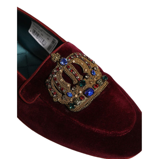 Dolce & Gabbana Burgundy Velvet Crown Slip On Loafers Shoes
