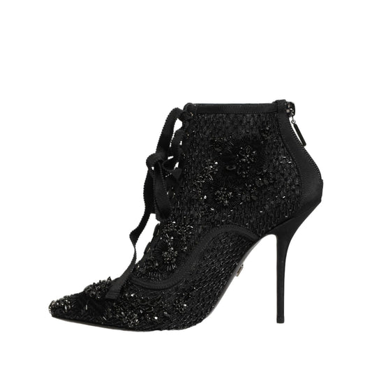 Dolce & Gabbana Black Embellished Mesh Ankle Boots Shoes