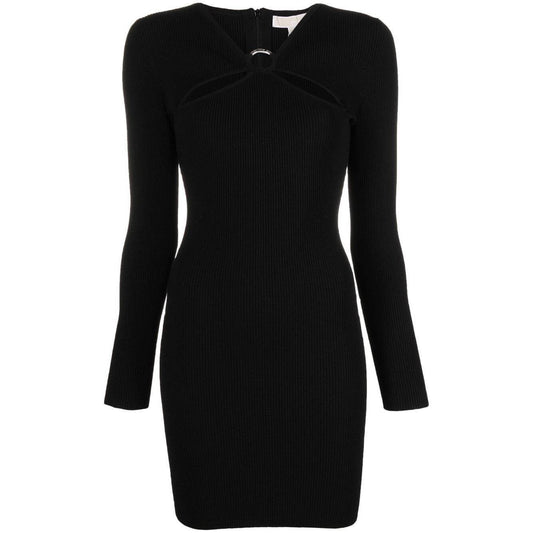 Alt Tag: Black ribbed-knit mini dress by MICHAEL MICHAEL KORS with cut-out detail, long sleeves, and rear zip. Made from recycled materials.