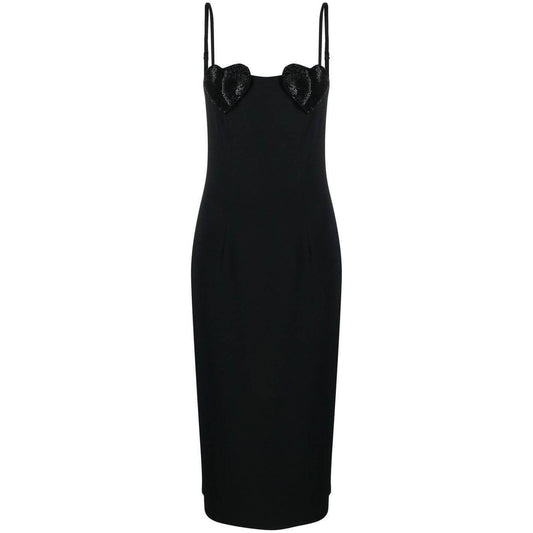 Blumarine black heart sequin midi dress with square neck and spaghetti straps, mid-length design, perfect for a chic evening look.