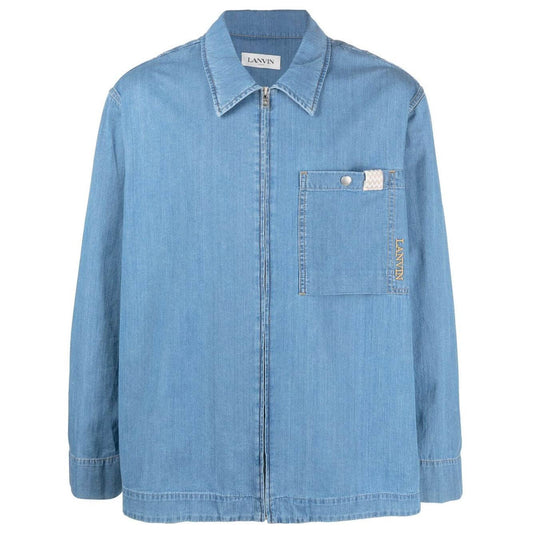 Lanvin light blue denim shirt with zip-up front, classic collar, embroidered logo, and front patch pocket. Perfect for stylish casual wear.