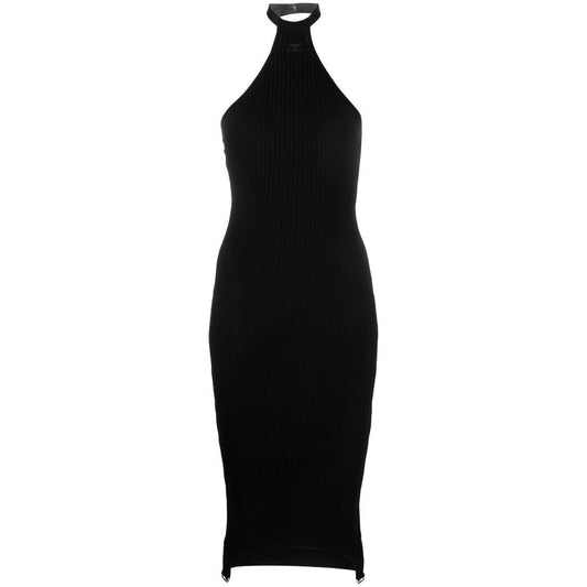 Black halterneck bodycon dress by COURREGES, ribbed knit, sleeveless, open back, with ring hardware; below-knee length, embroidered logo.