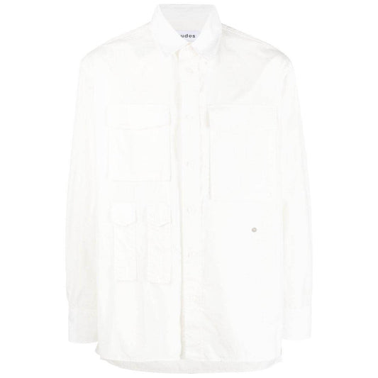 Études four-pocket off-white cotton shirt with classic collar and buttoned cuffs, long sleeves, and straight hem for men.