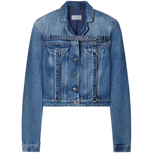 Off White Crop Denim Jacket With Belt