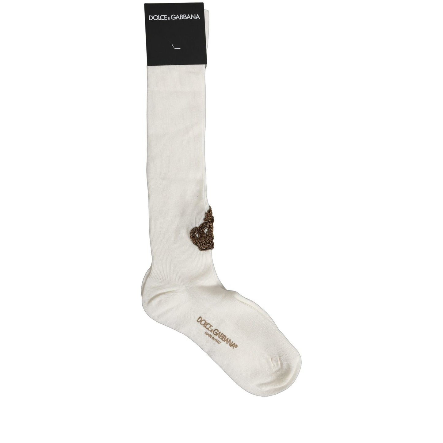 Dolce & Gabbana White Crown Embroidery Knee High Accessory Socks