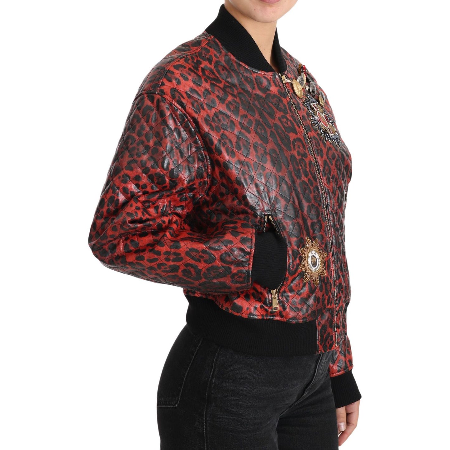 Dolce & Gabbana Red Leopard Button Crystal Leather Jacket Coats & Jackets