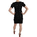 John Richmond Black Silk Leather Flowers Sheath Dress