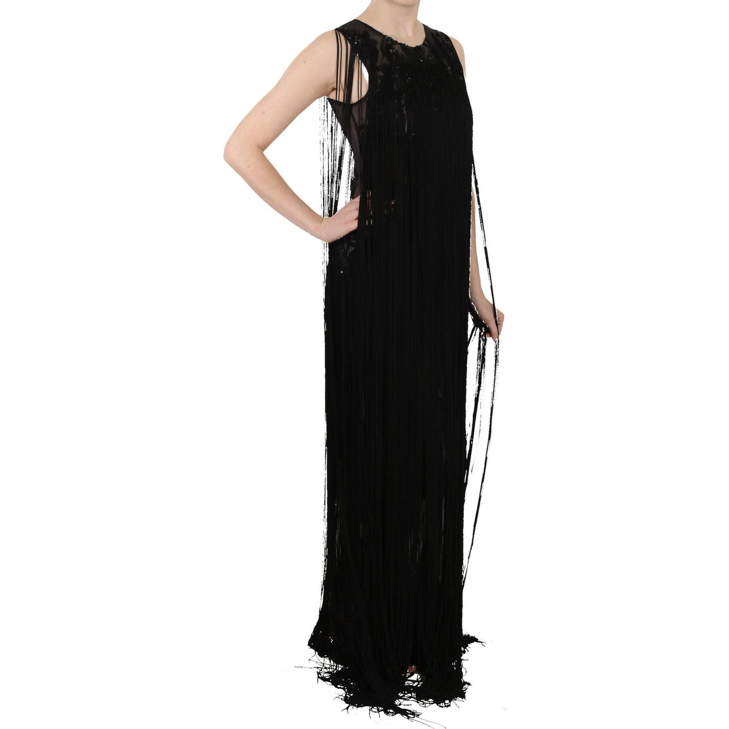 John Richmond Black Silk Beaded Sequined Sheer Dress