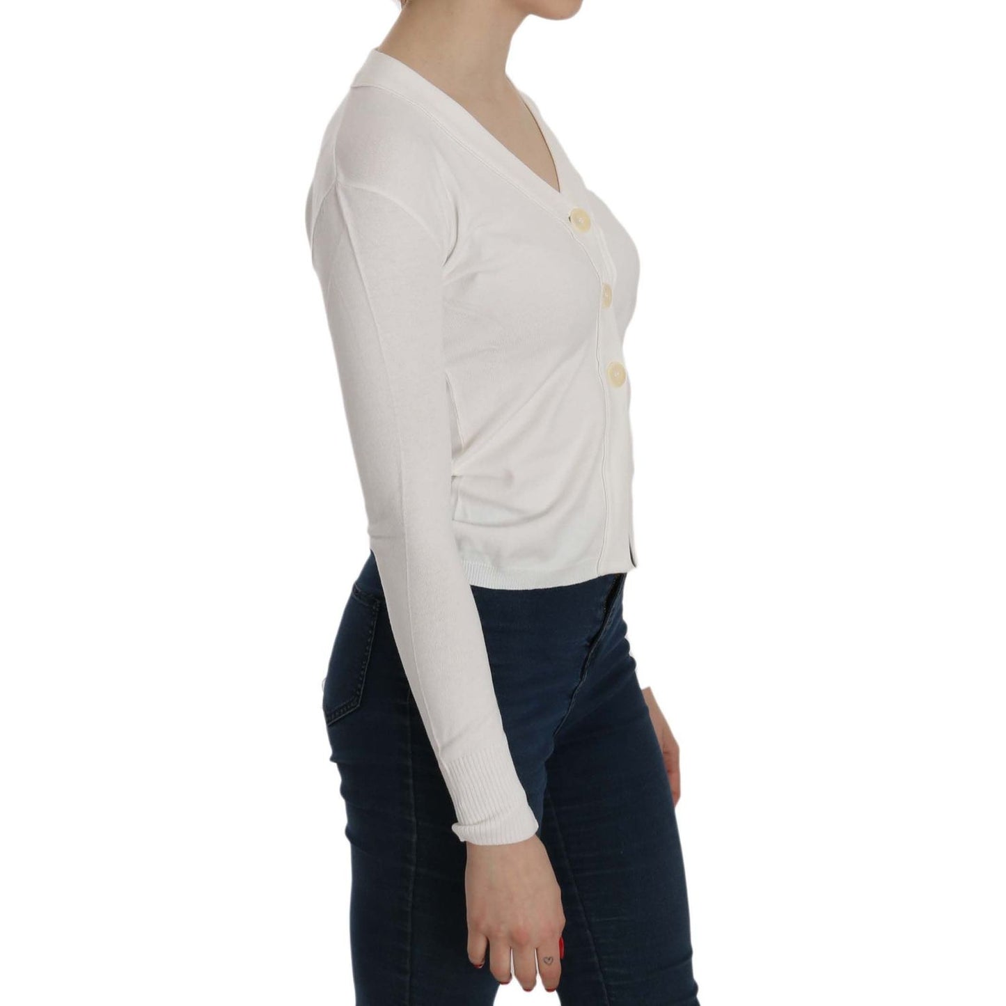 BYBLOS White V-neck Long Sleeve Cropped Cardigan Tops Sweater