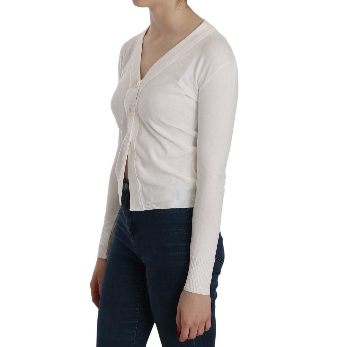 BYBLOS White V-neck Long Sleeve Cropped Cardigan Tops Sweater