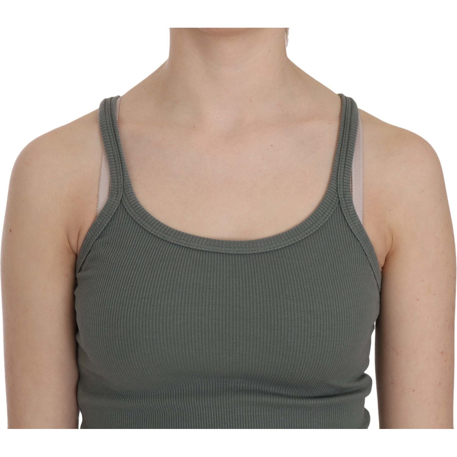 优雅圆领无袖绿色棉质衬衫