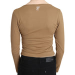 GF Ferre Brown Round Neck Long Sleeve Slim Crop Top Blouse