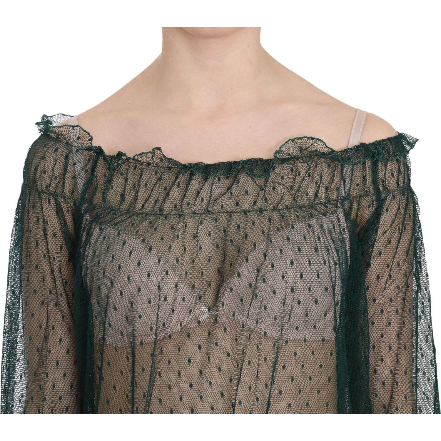 优雅绿色网眼长袖上衣