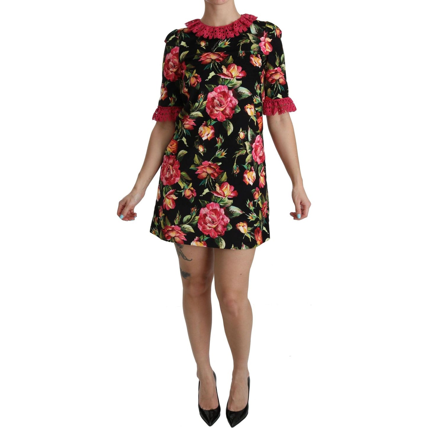Dolce & Gabbana Floral Pink Lace A-Line Shift Mini Dress