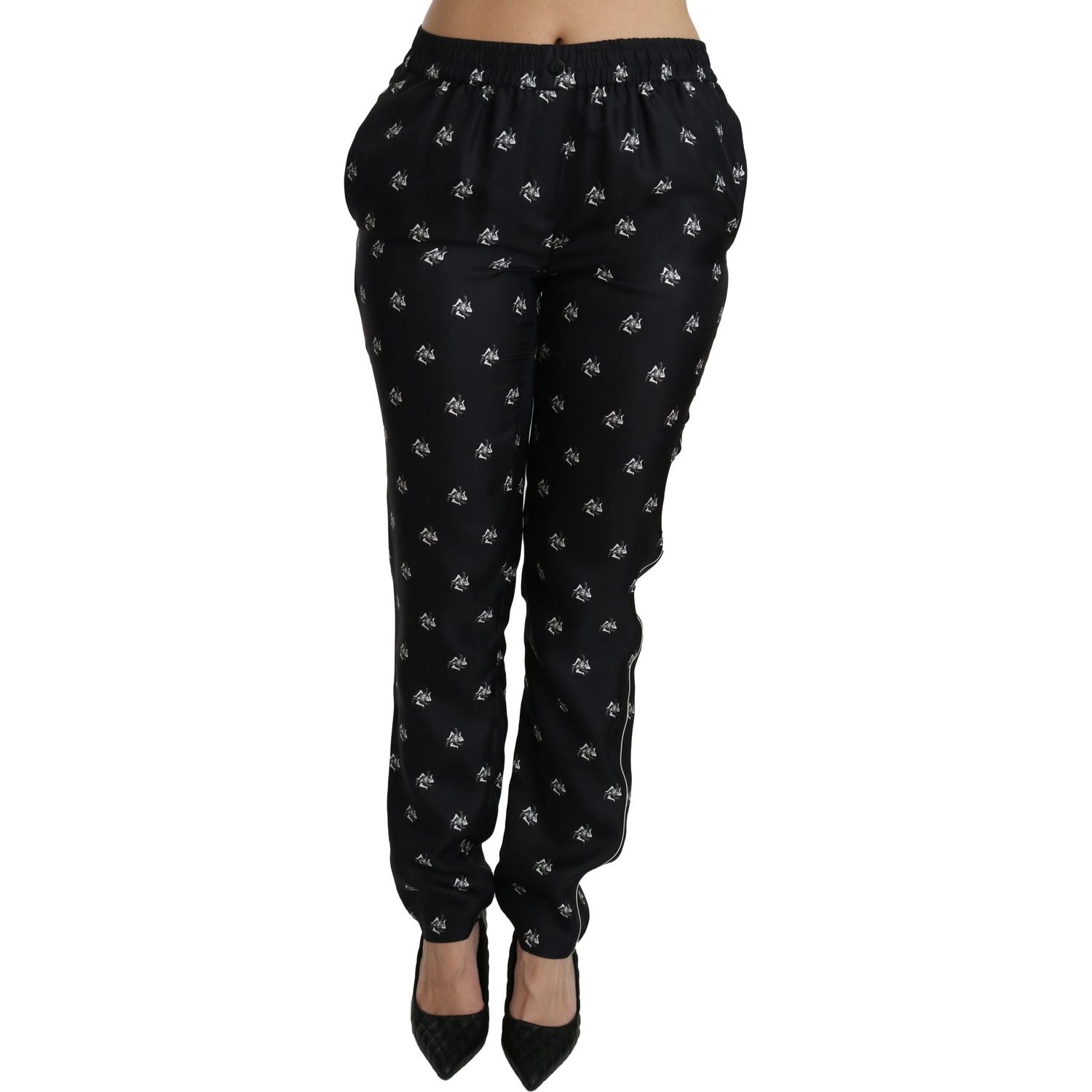 Dolce & Gabbana Black Printed Mid Waist Skinny Silk Pants