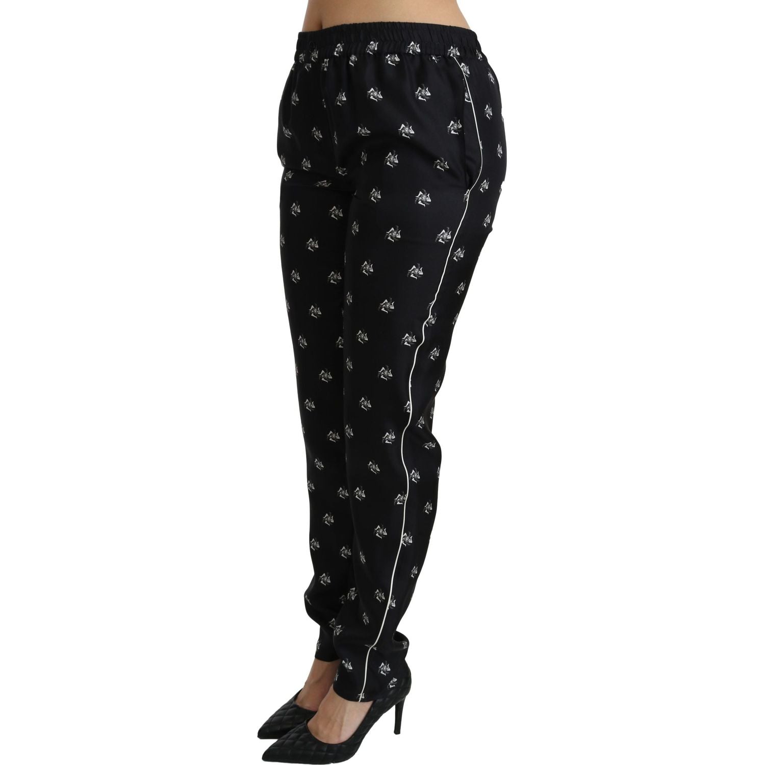 Dolce & Gabbana Black Printed Mid Waist Skinny Silk Pants