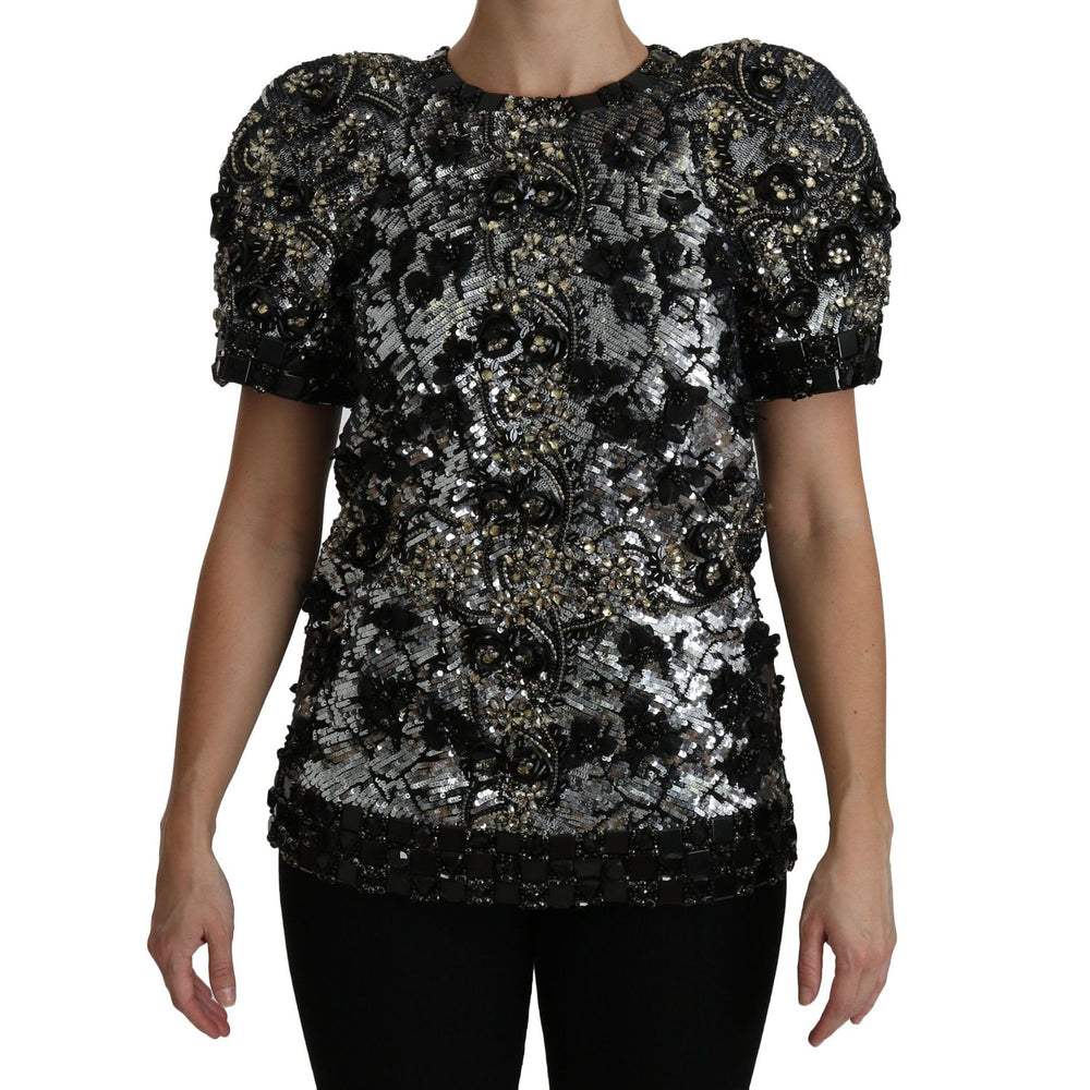 Dolce & Gabbana Black Sequined Crystal Embellished Top Blouse