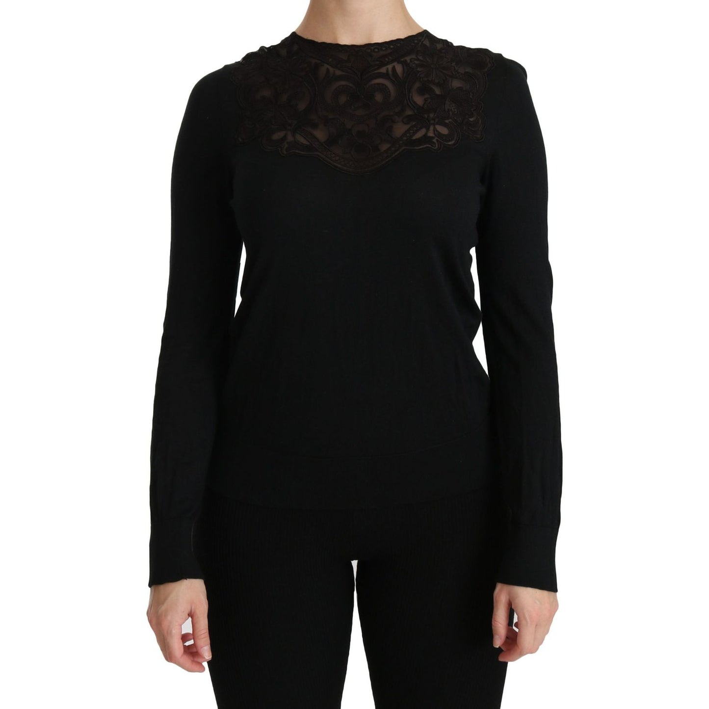 Dolce & Gabbana Black Silk Lace Crew Neck Long Sleeve Blouse