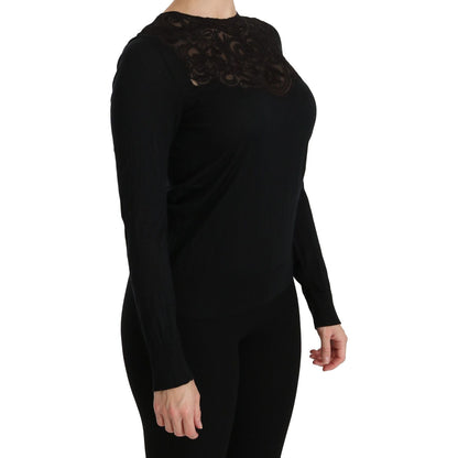 Dolce & Gabbana Black Silk Lace Crew Neck Long Sleeve Blouse