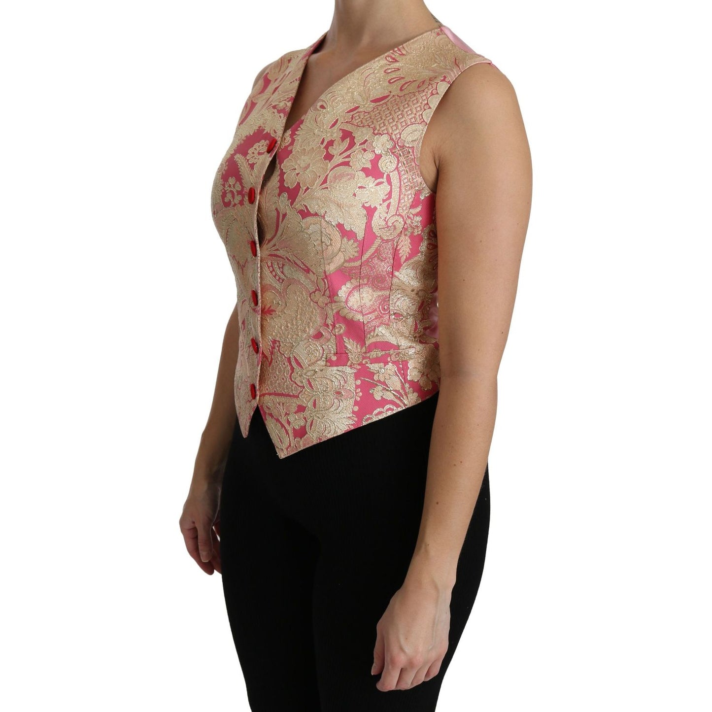 Dolce & Gabbana Pink Gold Brocade Waistcoat Vest Blouse Top
