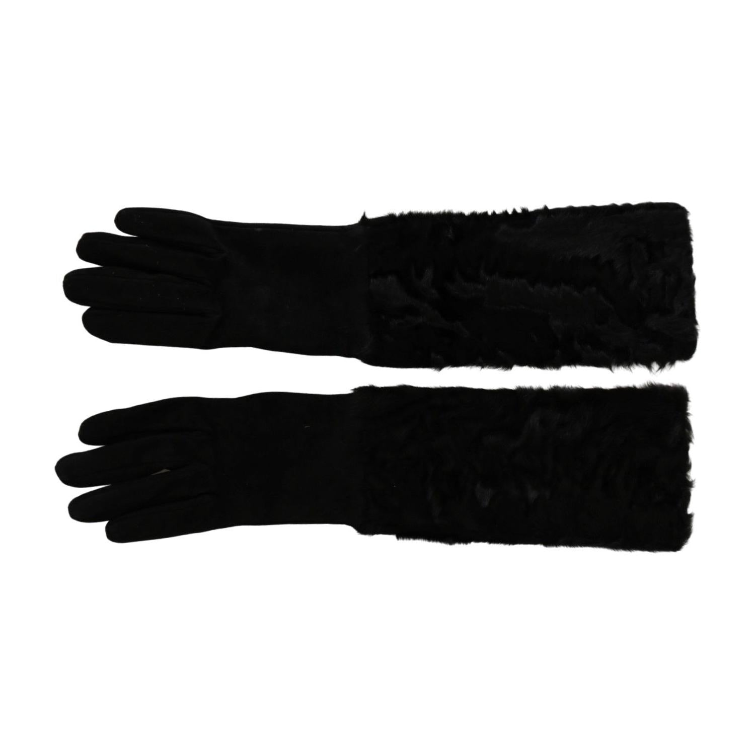 Dolce & Gabbana Black Elbow Length Mitten Suede Fur Gloves