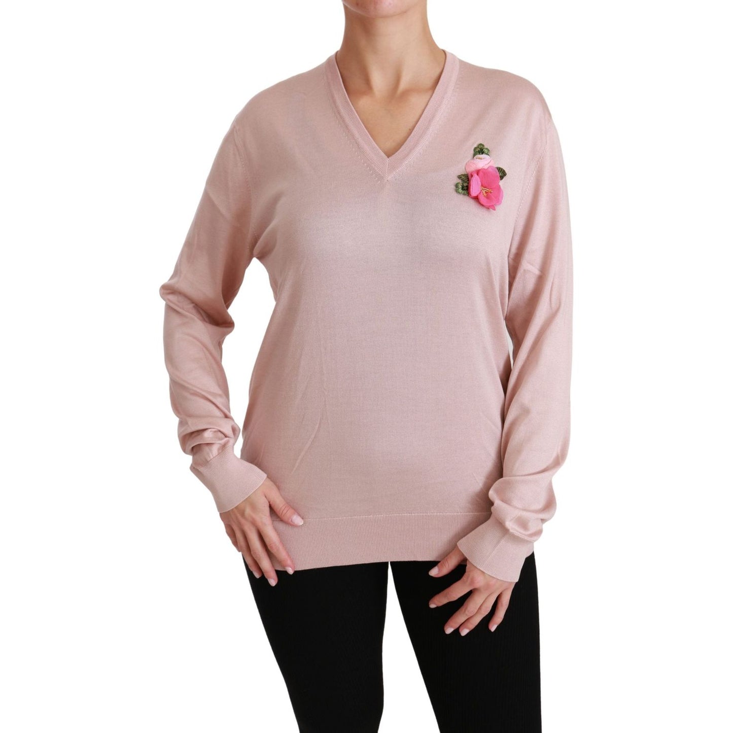 Dolce & Gabbana Pink Floral Silk V-Neck Sweater Dolce & Gabbana