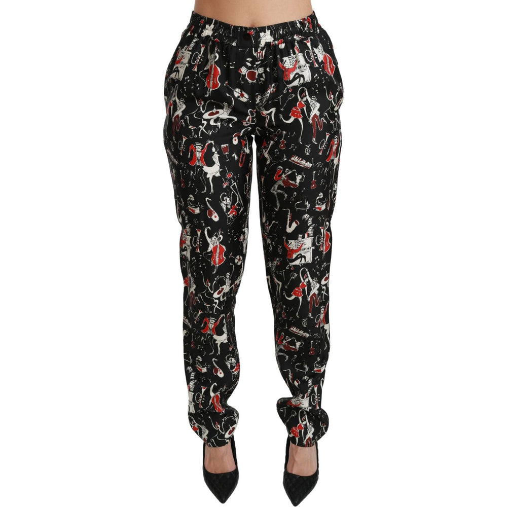 Dolce & Gabbana Black Silk Instrument Mid Waist Pants Jeans & Pants